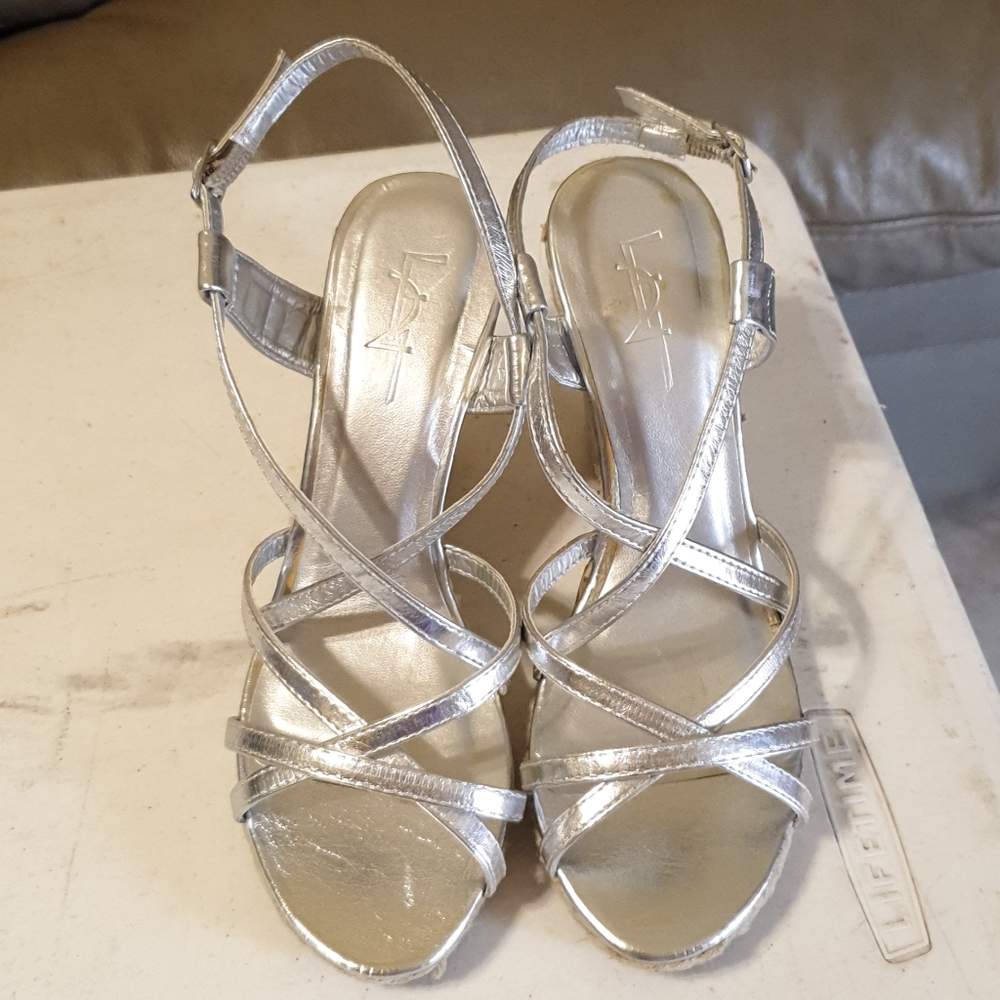 F24 silver strappy wedges